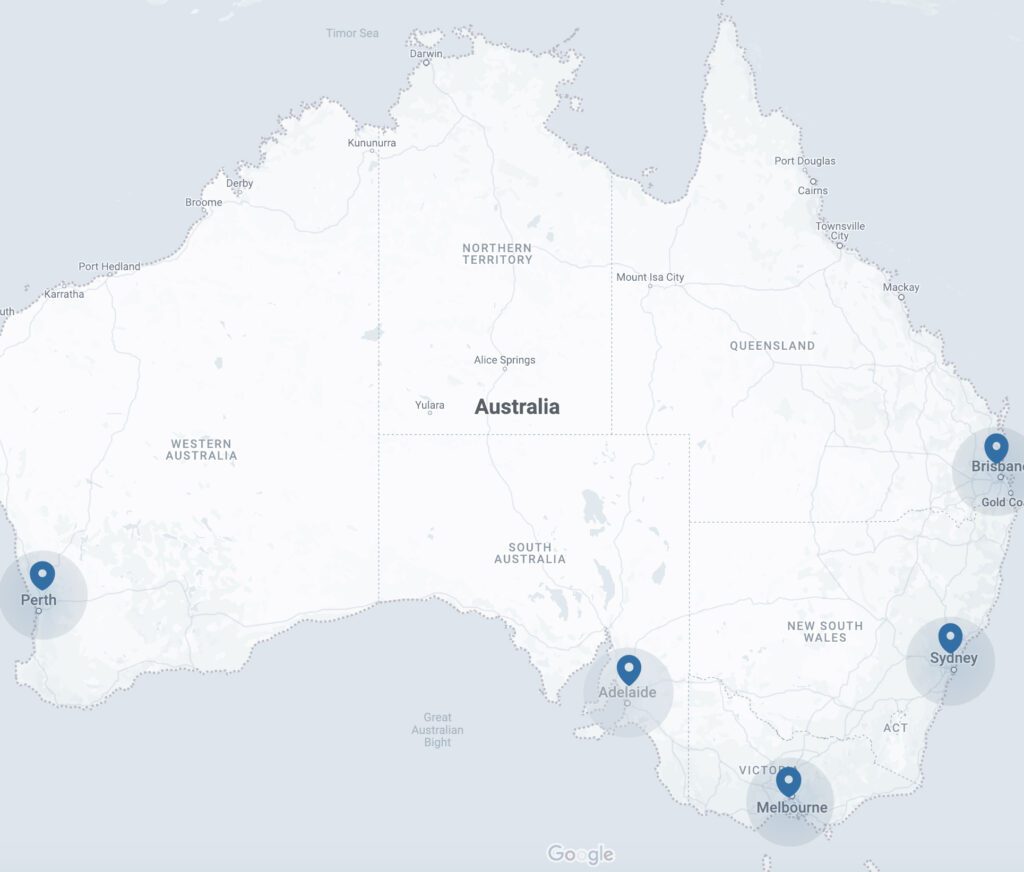 Australia map with the cities we are servicing