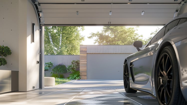 View from inside a modern, sleek garage showing an automated garage door halfway open. A stylish car is parked inside the garage, facing the viewer. The interior is well-organized with clean lines, and natural light streams in, highlighting the door's advanced mechanics and minimalistic design.