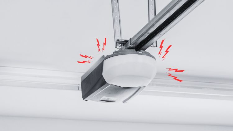 A close-up view of a garage door opener making noise, indicated by red zigzag lines.