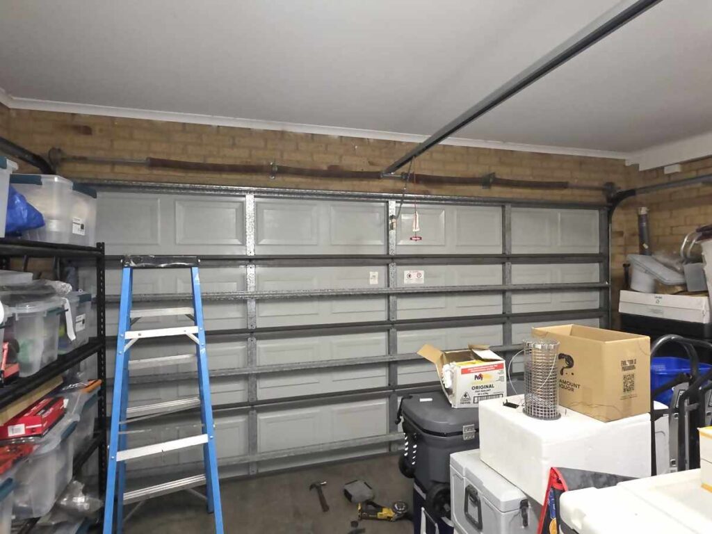 Interior view of a closed sectional garage door